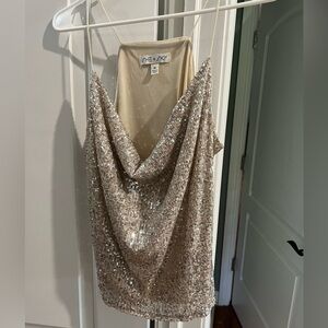 Women’s beige gold champagne silver sparkle sequin shirt top dressy size medium